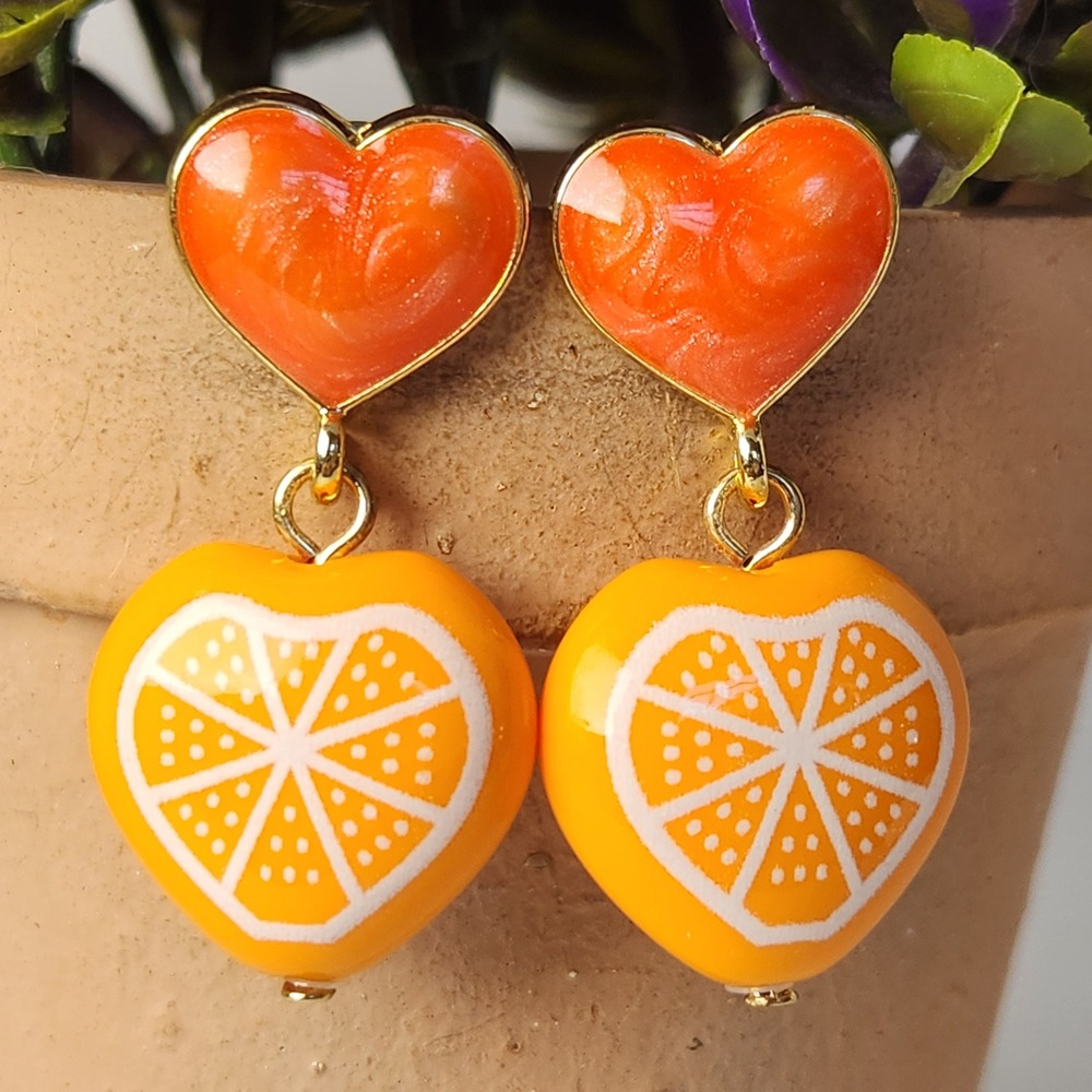 Orange Heart Citrus Fruit Slice Drop Earrings Gold Tone Summer Dangle Drop 1.5"